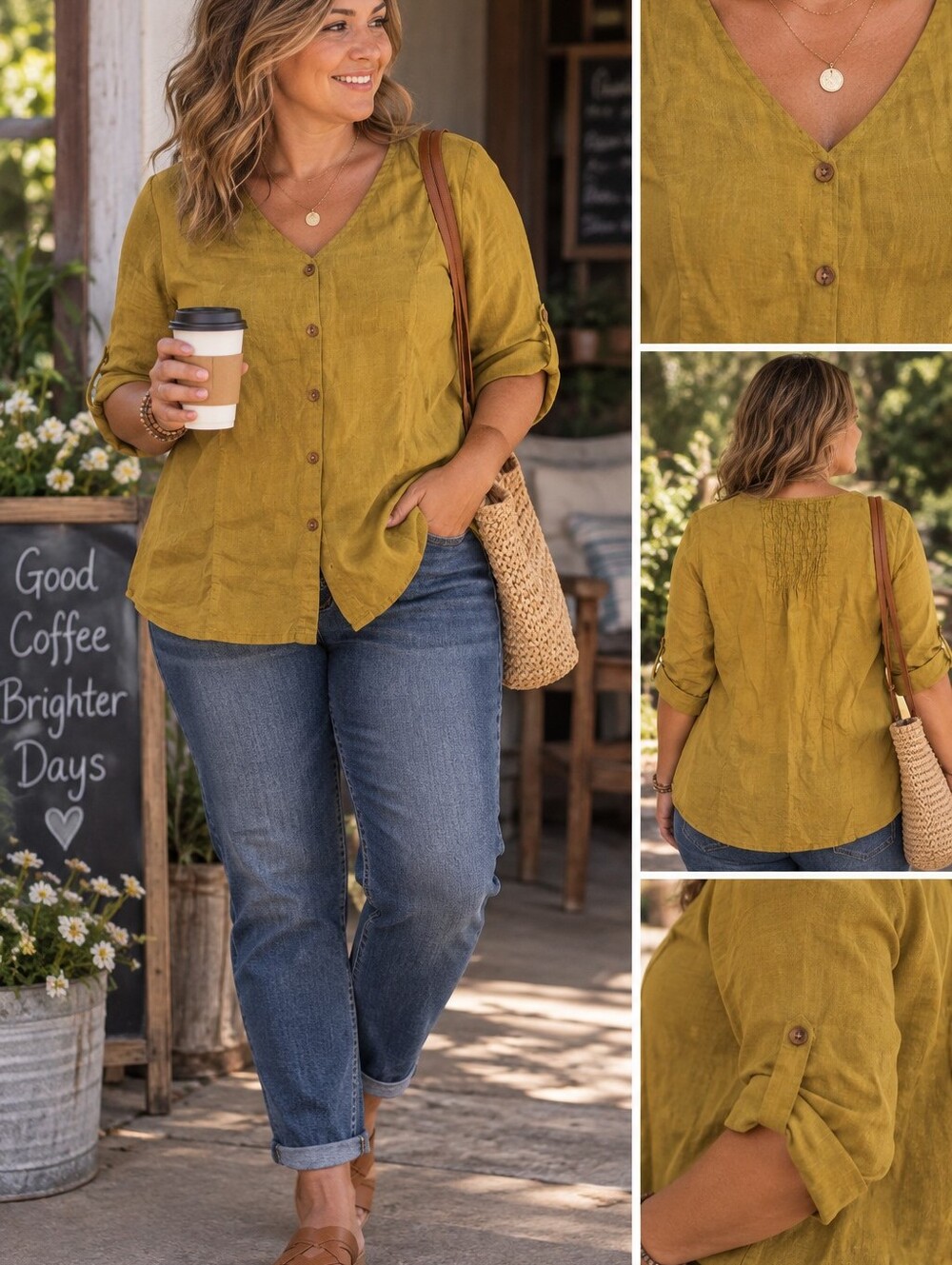 Women’s Button-Front V-Neck Top in Mustard